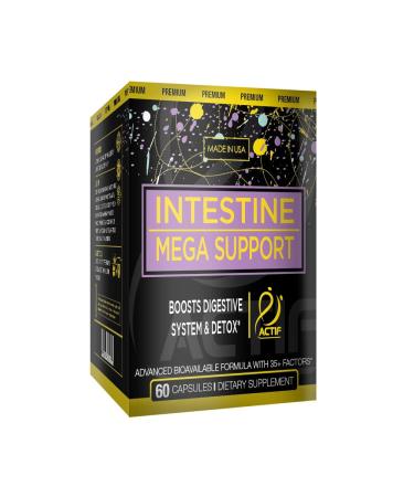 Actif Intestine Mega Support with 30+ Advanced Factors Deep Cleanse and Repair 100% Vegan Non-Synthetic Non-GMO Formula - Made in The USA 60 Count