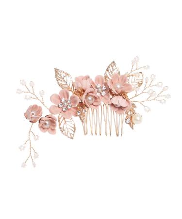 Bridal Hair Comb Simulated Pearls Hair Pins Comb Rhinestone Crystal Hair Clips Flower Leaves Wedding Hair Accessories Headpiece(Pink)