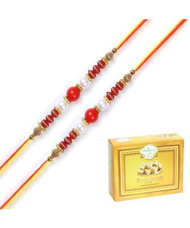 Ghasitaram Gifts Rakhis Online for Brother- Set of 2-6018 Rakhi Thread with 400 GMS of Soan Papdi Set of 2 Rakhis with 400 gms of Soan Papdi