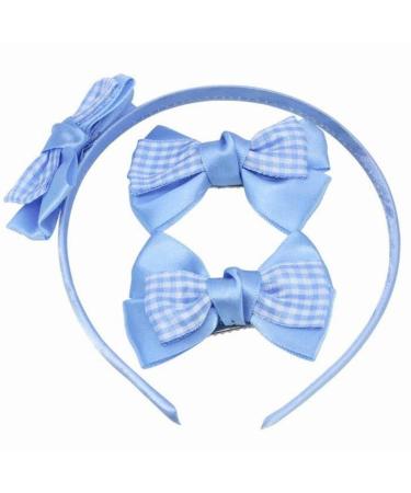 Topkids Accessories Girls Bow Headband Aliceband Gingham Bow Clips Gingham School Hair Accessories School Uniform Hair Set Suitable For Women Ladies Girls (Baby Blue)