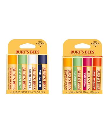 Burt's Bees Lip Balm Stocking Stuffers Moisturizing Lip Care Christmas Gifts Sweet Sorbet & Beeswax Cucumber Mint Watermelon and Sweet Mandarin Lip Balm Pack