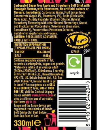 Tango Sugar Free - Strawberry Smash - Pack of 24 - 330ml - Buy Online on GoSupps.com