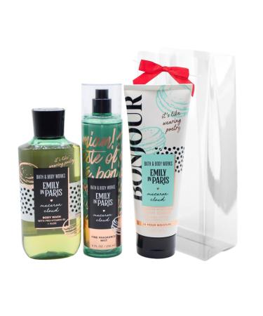 Bath & Body Works Emily in Paris MACARON CLOUD 3pc Bundle Gift Set with a Red Bow for Holidays - Mist Body Cream Shower Gel - Full Size