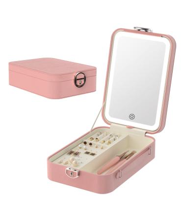 FUNTOUCH Jewelry Organizer Box with Makeup Vanity Mirror Portable Travel Jewelry Organizer Case with Desktop Makeup Mirror 3 Color Lights Touch Sensor Rechargeable LED Mirror (Pink)