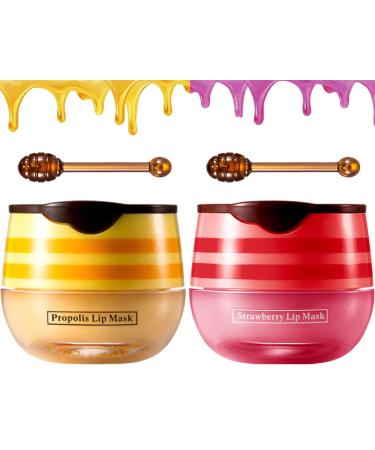 Honeybalm Lip Balm Bee Balm Lip Balm Honey Pot Propolis Lip Mask Moisture Lip Balm for Dry Cracked Lips Bee Wax Lip Balm Lip Scrub Exfoliator with Lip Brush for Dark Lips (Propolis+Strawberry)