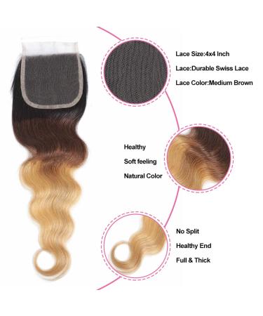 12A Ombre Body Wave Bundles With Closure - Brazilian Virgin Remy Human Hair Extensions in T1B/4/27 - 3 Bundles with 4x4 Lace Closure - Mixed 3 Tone Color - 14 16 18+12 Inches - Buy Online on GoSupps.com