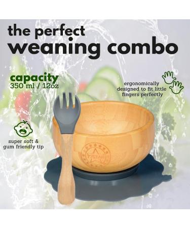 77 Star Bamboo Baby Weaning Set - Suction Bowl, Plate, Spoon & Fork | Non-Slip Baby Feeding Set with Detachable Suction Base | Grey Color - Buy Online on GoSupps.com