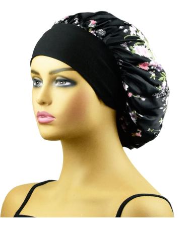 Satin Bonnet Hair Bonnet Silk Bonnet for Sleeping Curly Hair Satin Sleep Caps for Women Large Satin Bonnet Night Sleep Caps Floral Black