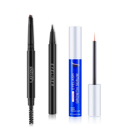 LAVONE Eyebrow Pencil - Makeup Waterproof Brow Pencil with Triangular Tip Dual-Sided Brow Brush Precise Fine Tip Fills Brows Creates Natural Looking Brow with Eyeliner Eyebrow Serum - Dark Brown DH Dark Brown