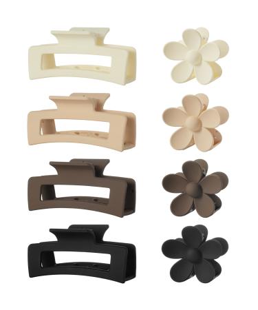 8Pcs Hair Claw Clips  3.5 Inch Medium Claw Clips for Thick Hair  Cute Flower Claw Clip  Matte Square Hair Clips Strong Jaw Clips  Rectangle Neutral Hair Clips for Women (2 Styles)
