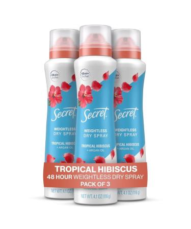 Secret Dry Spray Antiperspirant Deodorant for Women 48hr Weightless Sweat & Odor Protection Gentle on Skin Tropical Hibiscus Scent 4.1 oz (Pack of 3) Tropical Hibiscus 4.1 Ounce (Pack of 3)