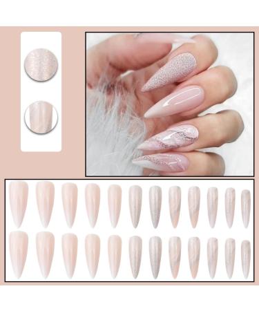 Justotry 24 Pcs Stiletto Marble Fake Nails | Long Peach French Press on Nails | Beautiful Swirl Almond Stick on Nails | Acrylic Extra Long False Nails with Glue | Nail Art Marble & Stiletto - Buy Online on GoSupps.com