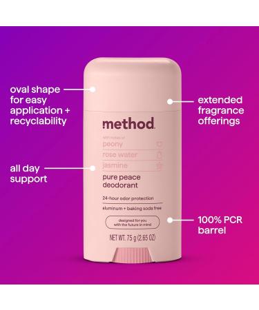 Method Deodorant Pure Peace Rose Water Peonies + Pink Sea Salt notes 24 Hour Odor Protection 2.65 oz - Buy Online on GoSupps.com