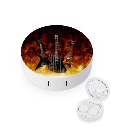 Guitar On Fire Round Case For Contact Lens Kit Storage Box with Mirror Printed