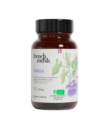 Chaga Organic Mushroom - 56 Vegan Capsules - Antioxidant Super Food, Tonus - Rich in Vitamins B, D and K - 1 to 2 Capsules/Day - Chaga Mushroom Powerful Laboratory Tested - Made in France