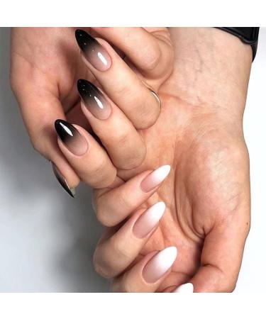 JUSTOTRY 24 Pcs Oval False Nails Short Gradient White and Black French Press on Nails Pattern Nude Fake Nails Short with Nail Glue Almond Stick on Nails for Women Nails Fake Nail for Nails Art Gradient W&B