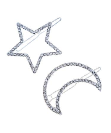 2 Pcs Silver Rhinestone Crystal Geometric Stars Moon Hair Clip Fashion Woman Hollow Side Clip Barrettes Hairpin Hair Accessories - Buy Online on GoSupps.com