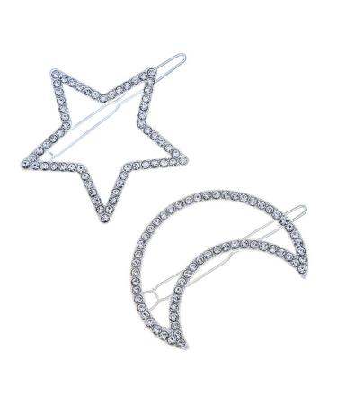 2 Pcs Silver Rhinestone Crystal Geometric Stars Moon Hair Clip Fashion Woman Hollow Side Clip Barrettes Hairpin Hair Accessories