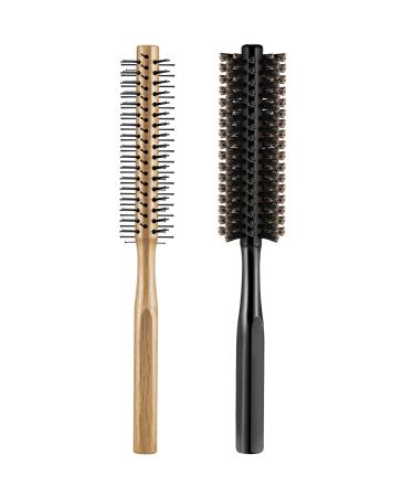 2 Pieces Thick Round Hair Comb Bristle Round Hair Brush Blow Drying Hairbrush Small Brush Short Hair Massage Comb Head Massage Round Brush Roll Hairbrush for Wet or Dry Hair (Black, Wood Color)