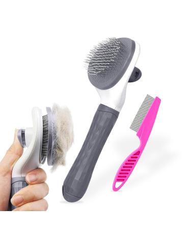 Cat Brush Dog Brush Grooming Set - Slicker Brushes for Dogs/Cats - Pet Self Cleaning Cat Comb with Release Button for Long & Short Hairs Kittens Smooth Handle Tangle Free Design Massaging Tool Grey
