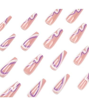 Justotry 24 Pieces Purple Swirl Press-On Nails | Wavy Coffin Art Nails for Women | Ballerina Fake Nails | Purple & White Design - Buy Online on GoSupps.com