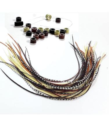 Feather Hair Extensions 100% Real Rooster Feathers 20 Natural Color Feathers Ranging from 8 to 11 Inches Includes 20 Micro Beads and Loop Tool Kit