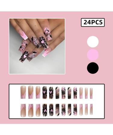 Buy 24 Pcs Long Coffin Halloween Press on Nails - SHANRUN Pink French with Spider Web Design | Full Cover Acrylic False Nails - International Shipping Available - Buy Online on GoSupps.com