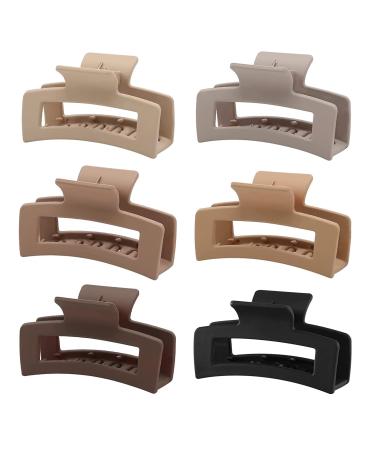 6 PCS Hair Claw Clips, Square Hair Clips for Women Girls, Neutral Colors Rectangular Claw Hair Clips for Thick Hair, Medium Matte Non-slip Claw Hair Clips, Strong Hold Jaw Clips for Thin Hair Brown Color