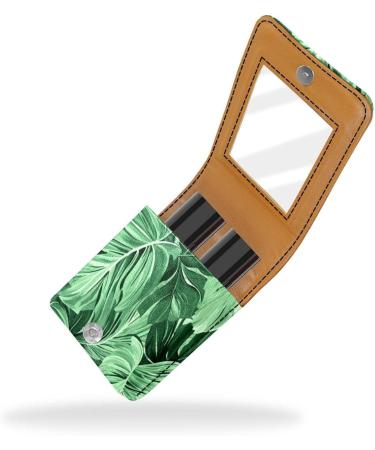 Lipstick Case Organizer | Leather Lip Gloss Holder with Mirror | Mini Tropical Palm Leaves Design - Buy Online on GoSupps.com