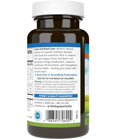 Carlson Grass-Fed Beef Liver with Iron & Copper Supports Blood Health & Energy Red Blood Cell Production 60 Capsules - Buy Online on GoSupps.com