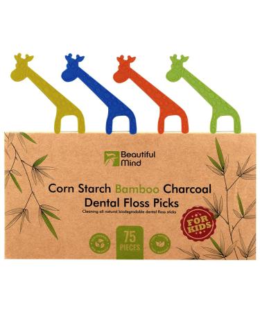 Organic Dental Floss Picks for Kids - Natural Biodegradable Floss Sticks with Strong Bamboo Charcoal Thread & Vegan Corn Starch Handle - No Plastics & No Artificial Flavours