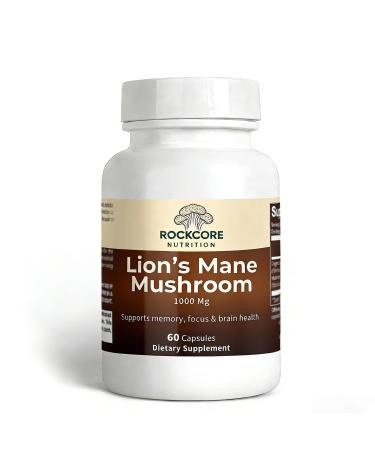 Lazra Rockcore Lion s Mane Mushroom Capsules 1000mg Fruiting Body Extract for Focus & Immune Support | Vegan Non-GMO 60 ct