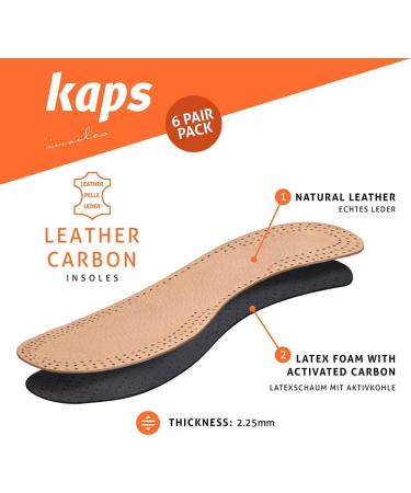 Leather Carbon Shoe Insoles for Men & Women - 6 Pair Pack | Activated Carbon Inserts by Kaps (Women / 6 US / 37 EUR - Buy Online on GoSupps.com