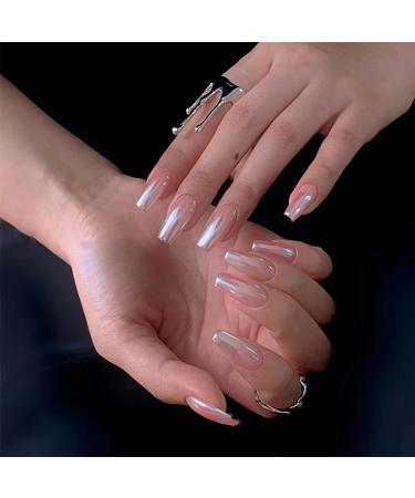 24pcs False Nails With Glue - Long Coffin Ballerina Manicure Full Cover Press on Nails - Cool Fake Nails for Women Girls (Aurora Nude)