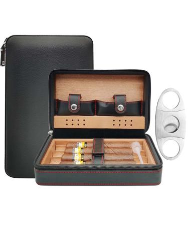 Cigar Case 4-Finger Portable Travel Leather Cigar Humidor with Cigar Cutter Cigar Box Father's Day Birthday Gift Cigar Accessories Black(Not including cigar)