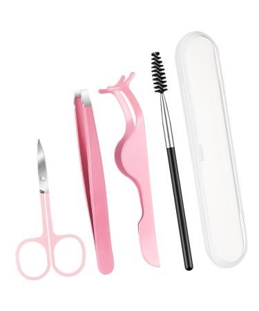 Lasnten DIY Eyelash Applicator Tool Set Lash Tweezers for Eyelash Extensions Stainless Steel False Eyelash Scissors Lash Cluster Tweezer Eyebrow Curler Lash Brush with Box(Pink)