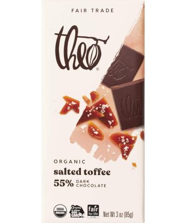 Theo Chocolate Salted Toffee Organic Dark Chocolate Bar, 55% Cacao, 12 Pack | Fair Trade 3 Ounce (Pack of 12)