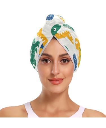 Colorful Lovely Dinosaur Hair Towel 2 Pack Super Absorbent Hair Drying Towel Quick Dry Hair Turbans Head Towel with Button Twisty Wrap for Women Girls