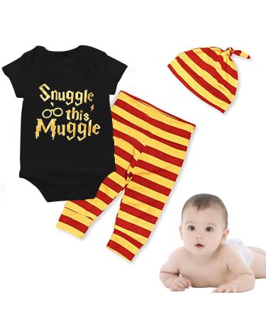 Baby Boys Girls Snuggle This Muggle Bodysuit and Striped Pants Outfit with Hat 6-9 Months Black Short Sleeve