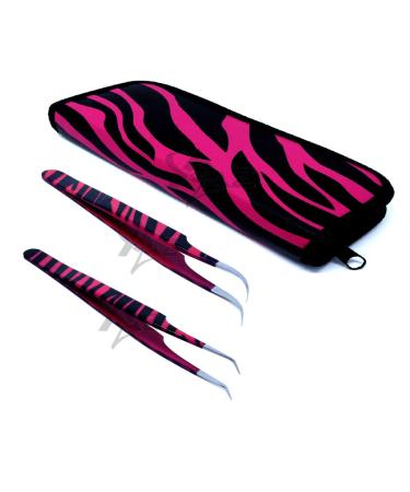 SET OF 2 Stainless Steel Pink Black Zebra 3D Eyelash Extension Tweezers Strong Curved + Pro Straight angled Fine Point (A2Z)