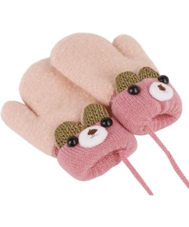 Toddler Kids Winter Warm Plush Knitted Gloves with String | 1-3Yrs | Pink/Bear - Buy Online on GoSupps.com