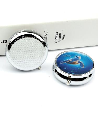 Round Turtle Pill Box | Blue Water Print 3 Compartment Portable Organizer | Decorative Metal Pocket Medicine Case - Style 1 - Buy Online on GoSupps.com