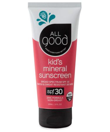 All Good Baby & Kids Sunscreen Lotion for Face & Body - UVA/UVB Broad Spectrum, SPF 30, Zinc Oxide, Coral Reef Friendly, Water Resistant - Zinc, Shea Butter, Coconut Oil, Aloe (3 oz) 3 Fl Oz (Pack of 1) Lotion