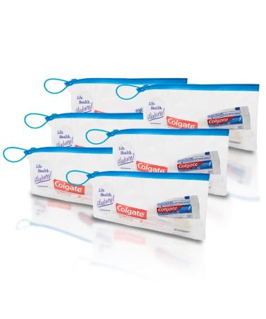 Gladness! Toothpaste Toothbrush Travel Kit Bulk Bundle Includes: Colgate Cavity Protection .85 Oz | Colgate Individually Cello-Wrapped Soft Toothbrush | TSA Approved Clear Zip Pouch (6)