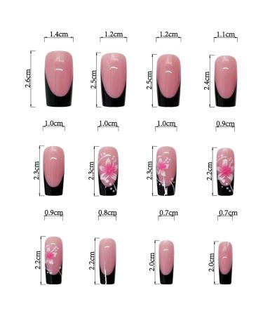 24Pcs Hibiscus Flowers Press On Nails - Medium Square Fake Nails with Black French Tips & Glossy Nude Pink - Full Cover Nail Decor for Women & Manicure - Buy Online on GoSupps.com