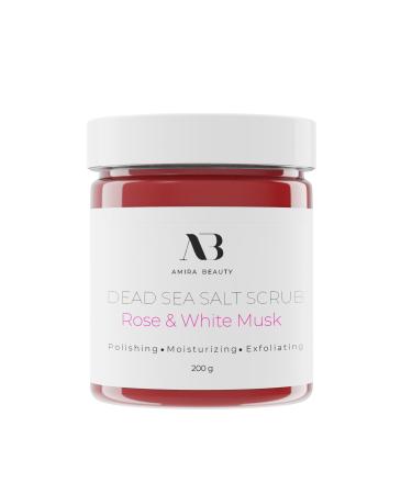 Amira Beauty Dead Sea Salt Body Scrub | Foaming Shower Scrub with Organic Essential Oils | Exfoliates and Moisturizes Skin | 7 OZ (Rose & White Musk)