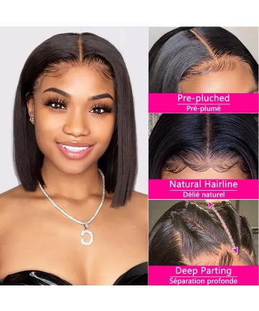 Natural Black 12 Short Bob Human Hair Lace Front Wig with Baby Hair - 180% Density Pre Plucked Straight Bob Frontal Wig for Women - Buy Online on GoSupps.com