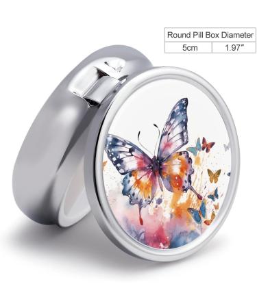 Round Pill Box with Watercolor Butterfly Print - 3 Compartment Medicine Organizer | Decorative Metal Portable Pill Case - Buy Online on GoSupps.com