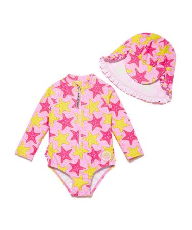 BONVERANO Baby Girls Swimsuit Toddler Bathing Suit Long-Sleeve Zipper One Piece Swimwear with UPF 50+ Sun Protection 18-24 Months Star Fish