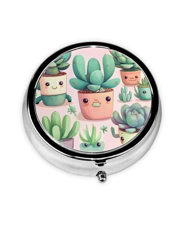 Lovely Succulent Plantsround Pill Box 3 Compartment Round Pill Box Organizer * Portable Travel Pill Box for Traveling.